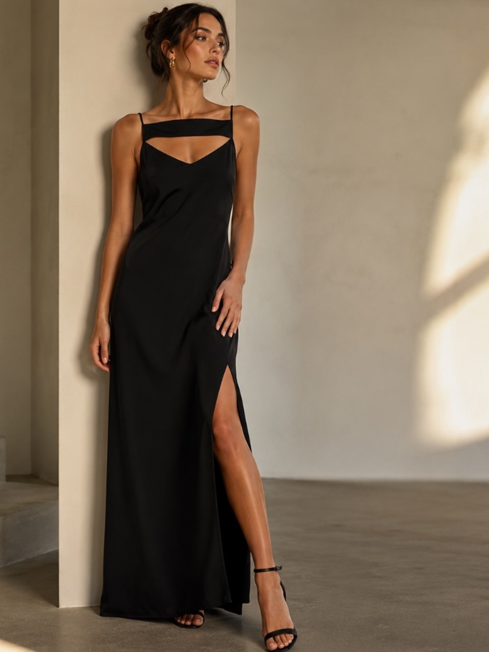 Finders Keepers Black Side Slit Romantic Cutout Open Back Maxi Gown Dress Size M